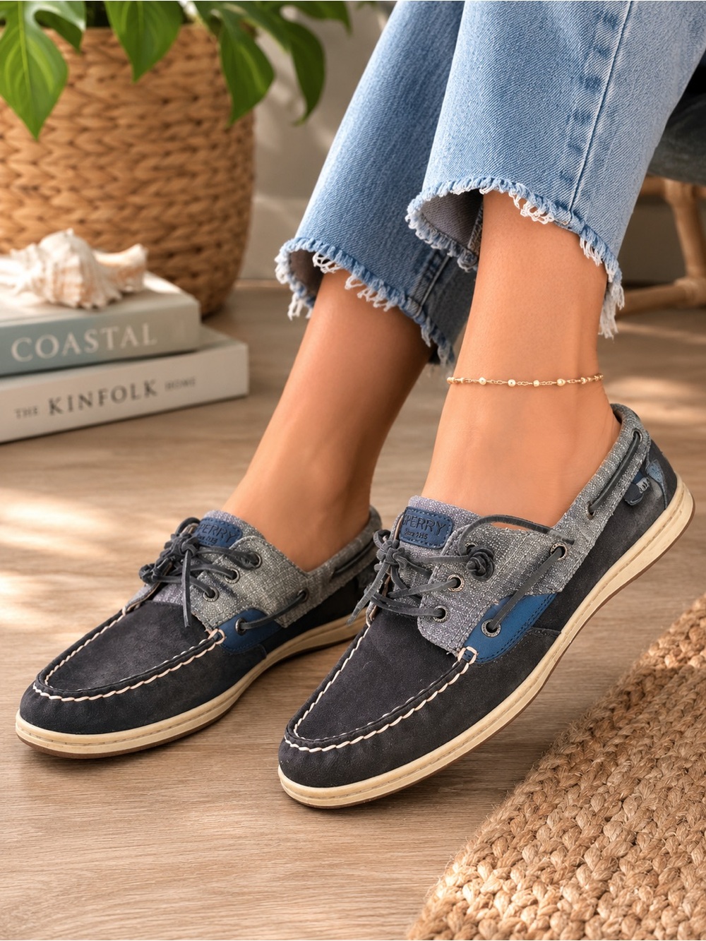 Sperry Leather Boat Shoes Women’s 11 Gray Navy Lace Up Casual